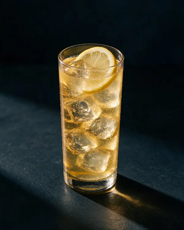 Ljusgul Lynchburg Lemonade i highballglas med is, bubblor och en citronskiva
