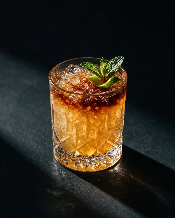 Gyllenbrun Mai Tai i rocksglas fyllt med krossad is, myntakvist och ett urpressat limeskal