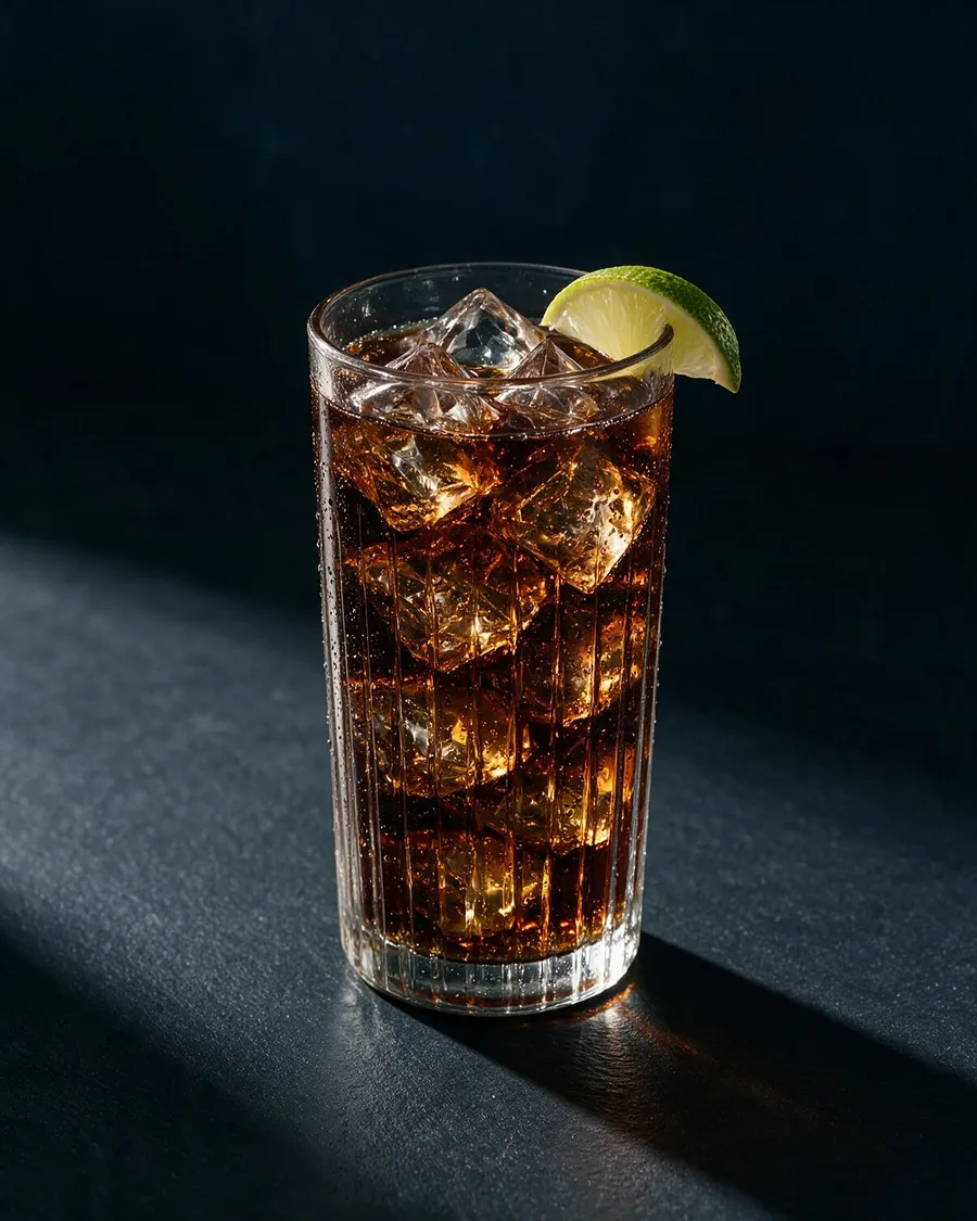 Malibu Cola i highballglas med is och en limeklyfta på kanten