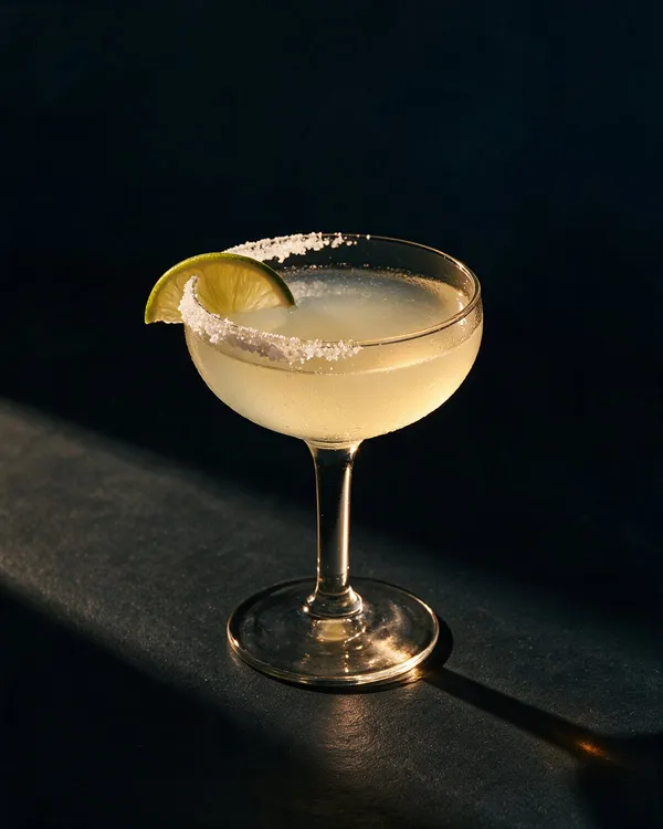 Margarita i coupeglas med saltkant och limeskiva