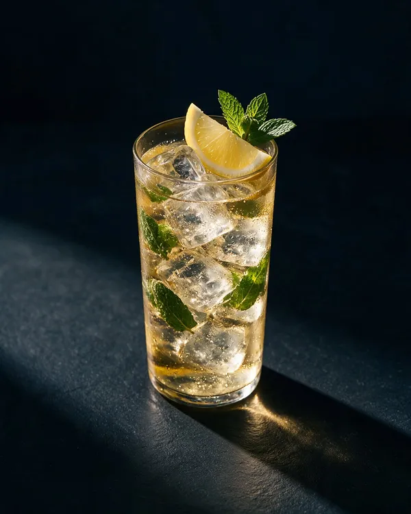 Ljusgul Martini Bianco och tonic i highballglas med is, citronklyfta och myntablad