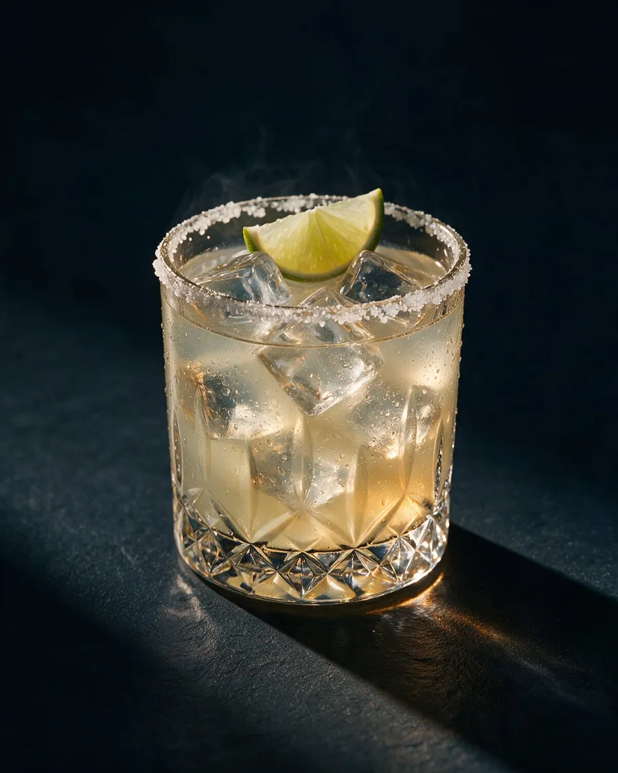 Mezcal Margarita i rocksglas med saltkant, is och en limeklyfta