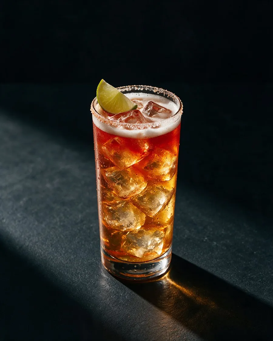 Rödorange Michelada i stort highballglas med saltkant, is och en limeklyfta