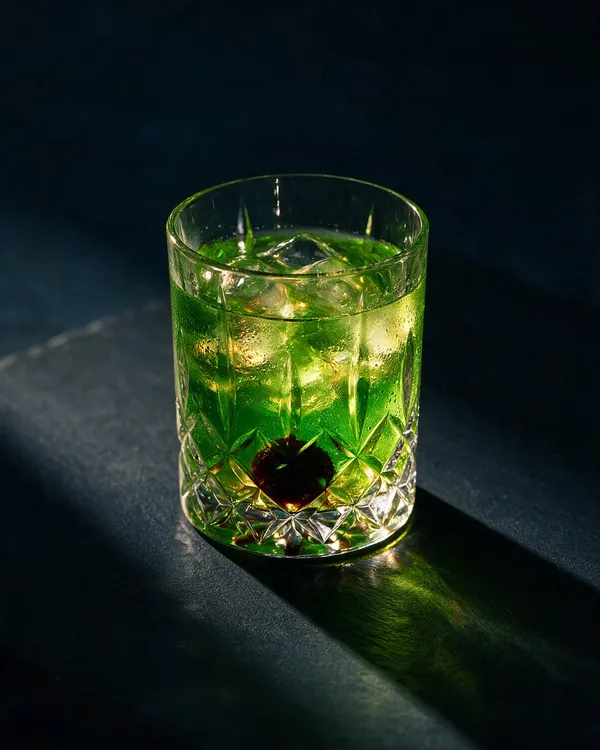 Lysande grön Midori Sour i rocksglas med vitt skum och ett rött cocktailbär