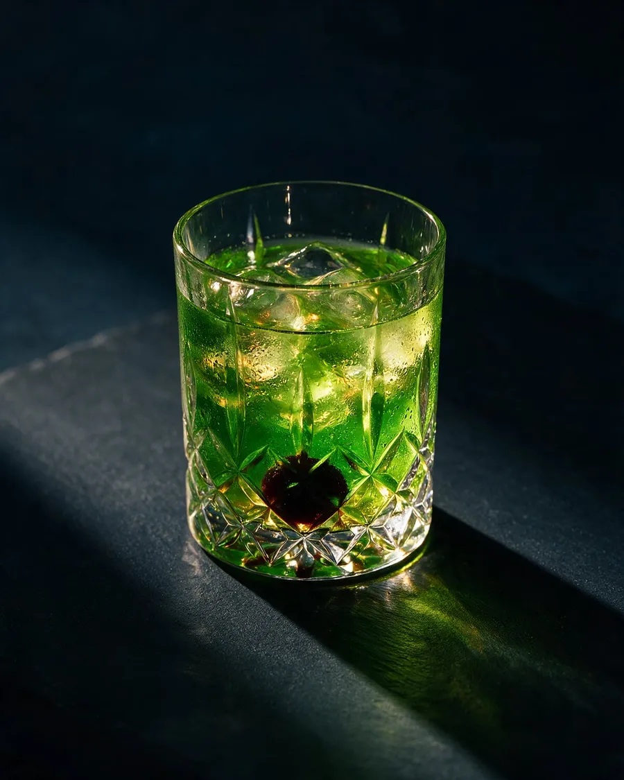 Lysande grön Midori Sour i rocksglas med vitt skum och ett rött cocktailbär