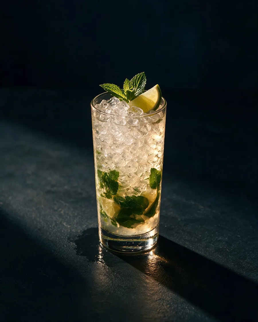 Mojito i highballglas med krossad is, mynta och lime