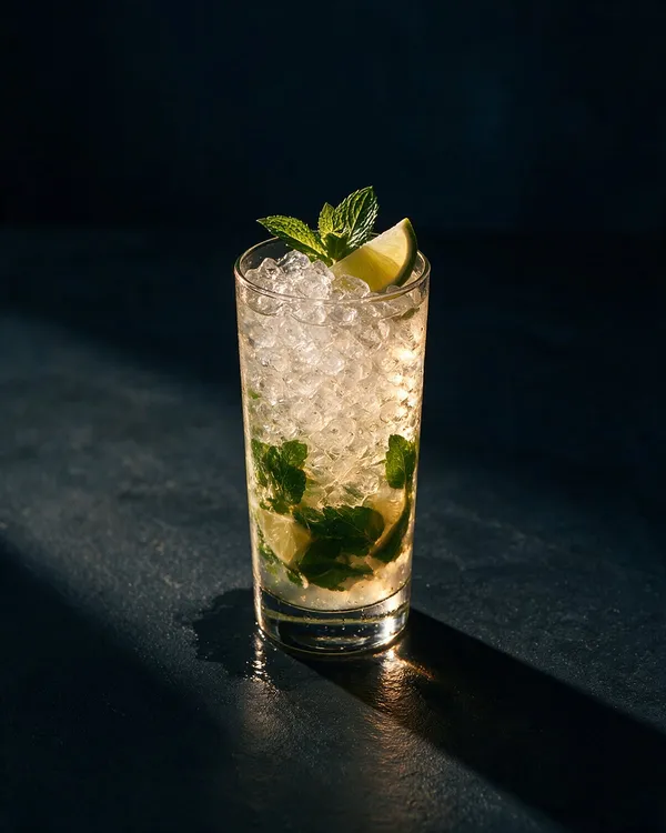 Mojito i highballglas med krossad is, mynta och lime