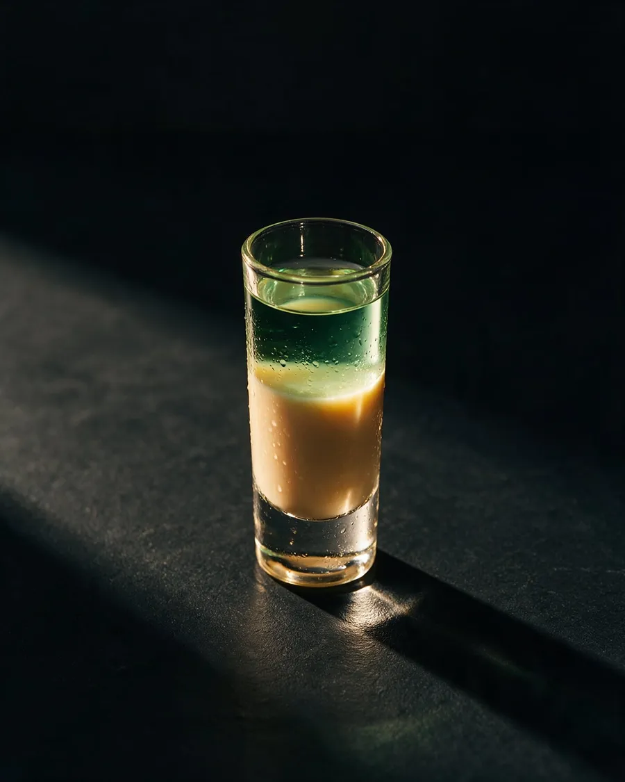 Mora Nisse shot i shotglas med ett ljusbrunt lager Baileys under ett klart lager Minttu