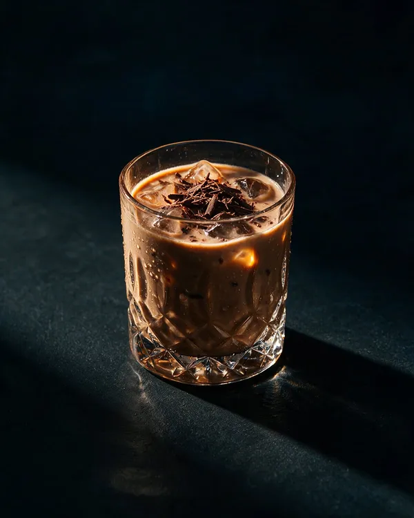Ljusbrun krämig Mudslide i rocksglas med is och riven choklad ovanpå