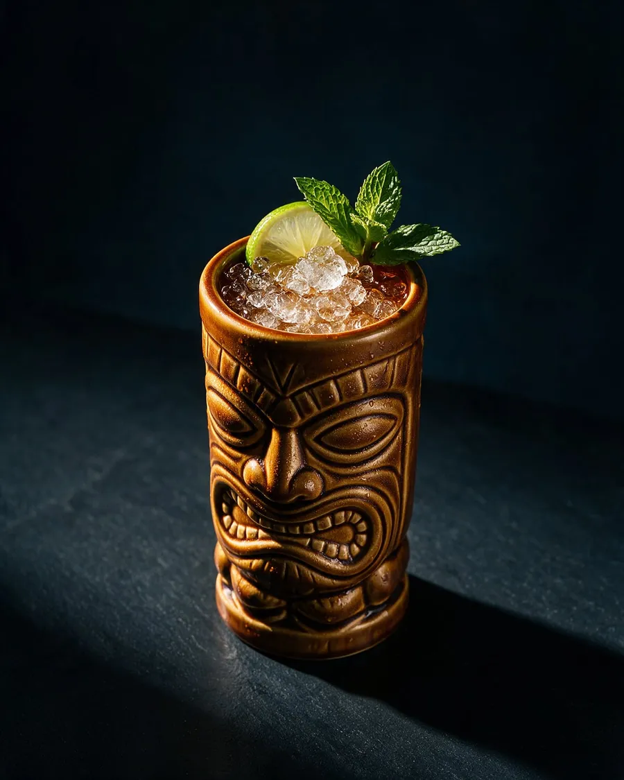 Navy Grog i brun tikimugg fylld med krossad is, limeskiva och myntakvist