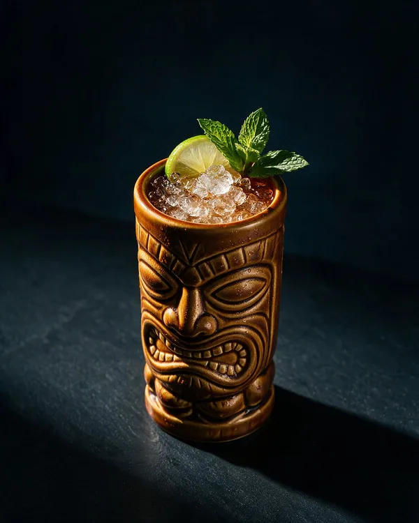 Navy Grog i brun tikimugg fylld med krossad is, limeskiva och myntakvist