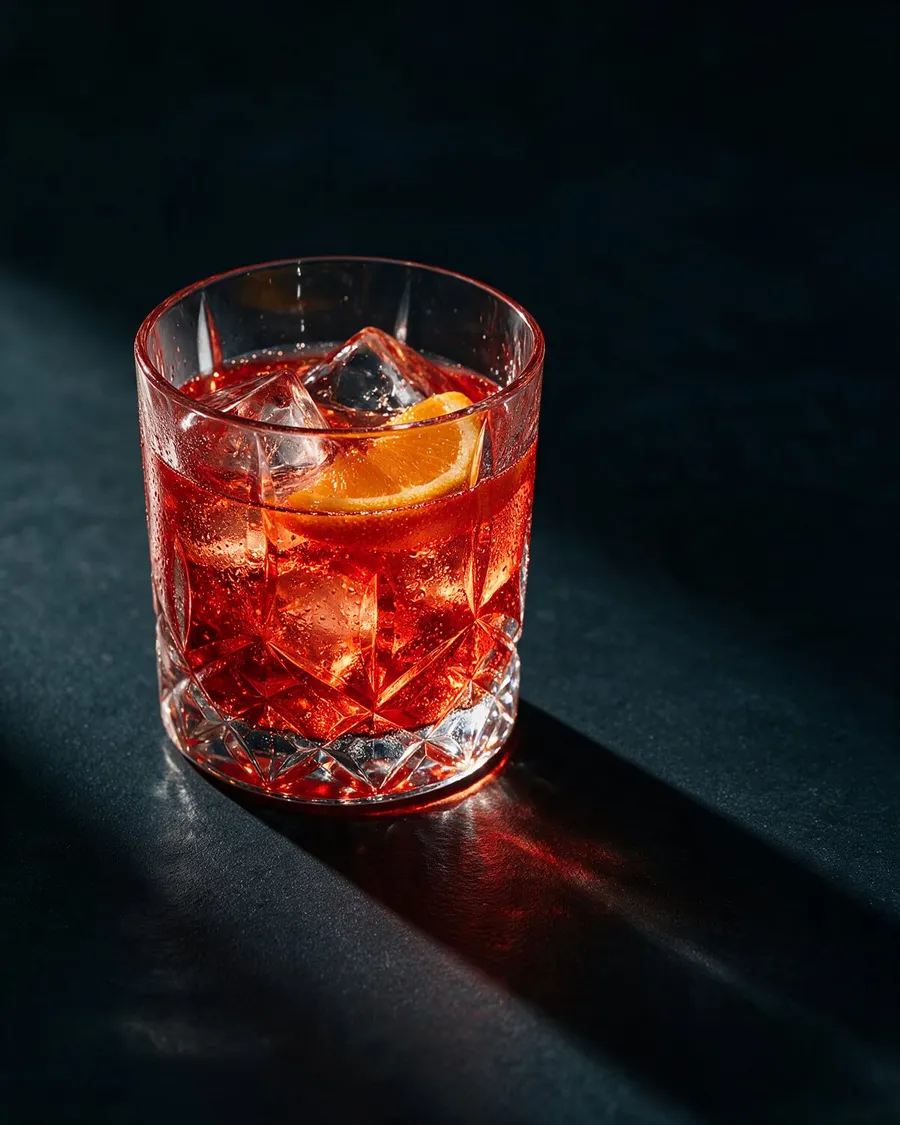 Klarröd Negroni Sbagliato i rocksglas med is och apelsinskiva