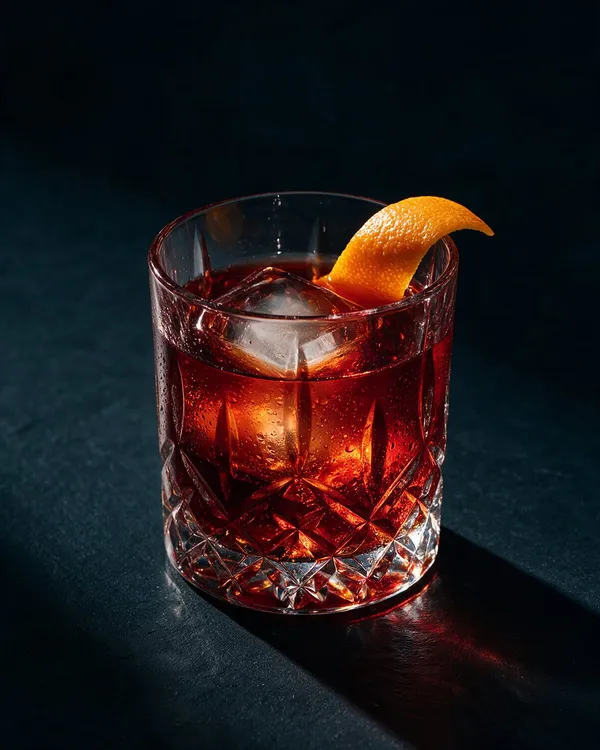 Röd Negroni i rocksglas med stor isbit och apelsinskiva