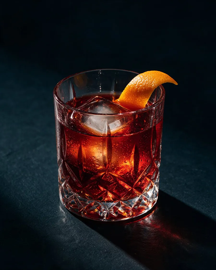 Röd Negroni i rocksglas med stor isbit och apelsinskiva