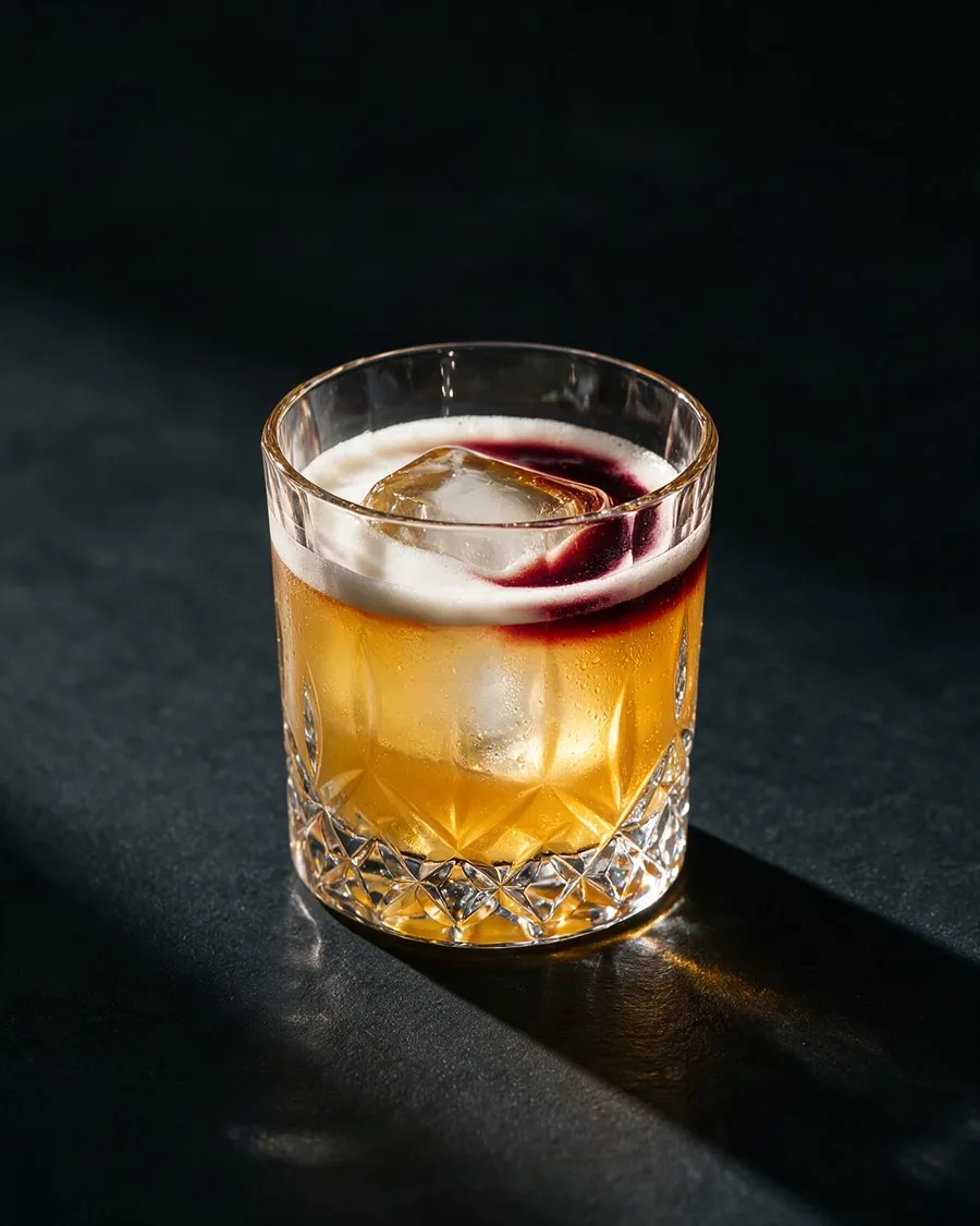 New York Sour i rocksglas med vitt skum och ett mörkrött lager rödvin på toppen