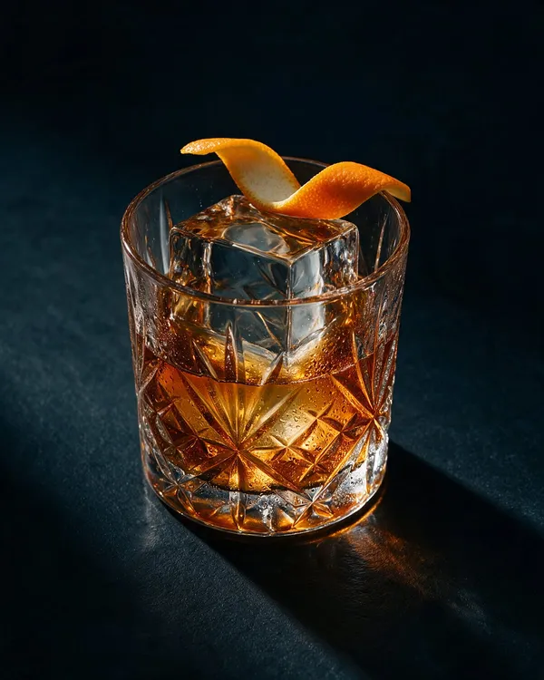 Old Fashioned i rocksglas med stor isbit och apelsinzest