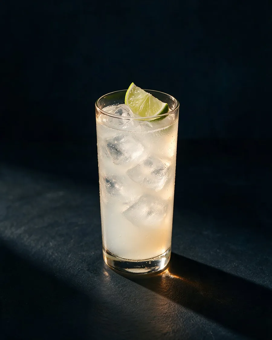 Mjölkvit Ouzo lemonad i highballglas med is och limeklyfta
