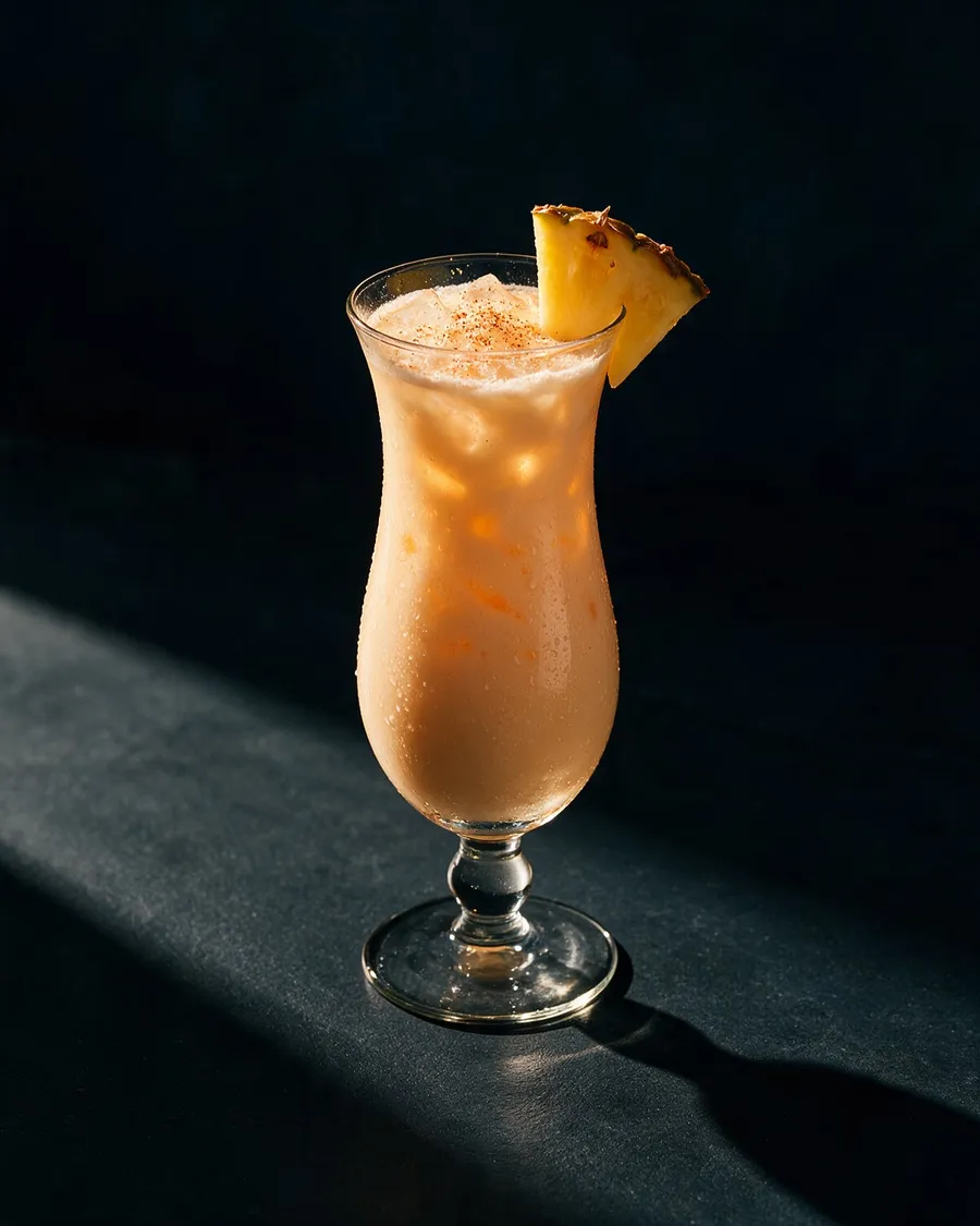 Ljusgul krämig Painkiller i högt glas med krossad is, riven muskot och en ananasbit