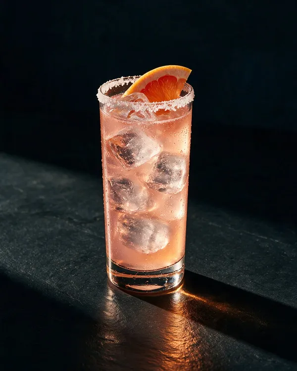 Rosa Paloma i highballglas med saltkant, is och en grapefruktklyfta