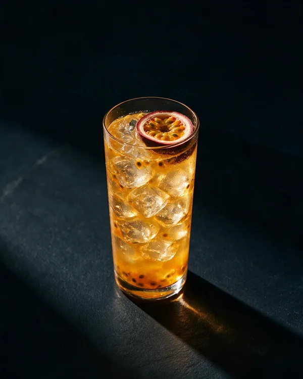 Orangegul Passion Vodka Soda i highballglas med is, kärnor och en halv passionsfrukt