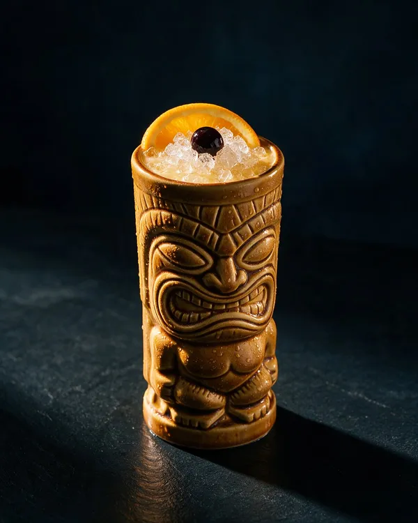 Gyllene Pearl Diver i tikimugg med krossad is, apelsinskiva och cocktailbär
