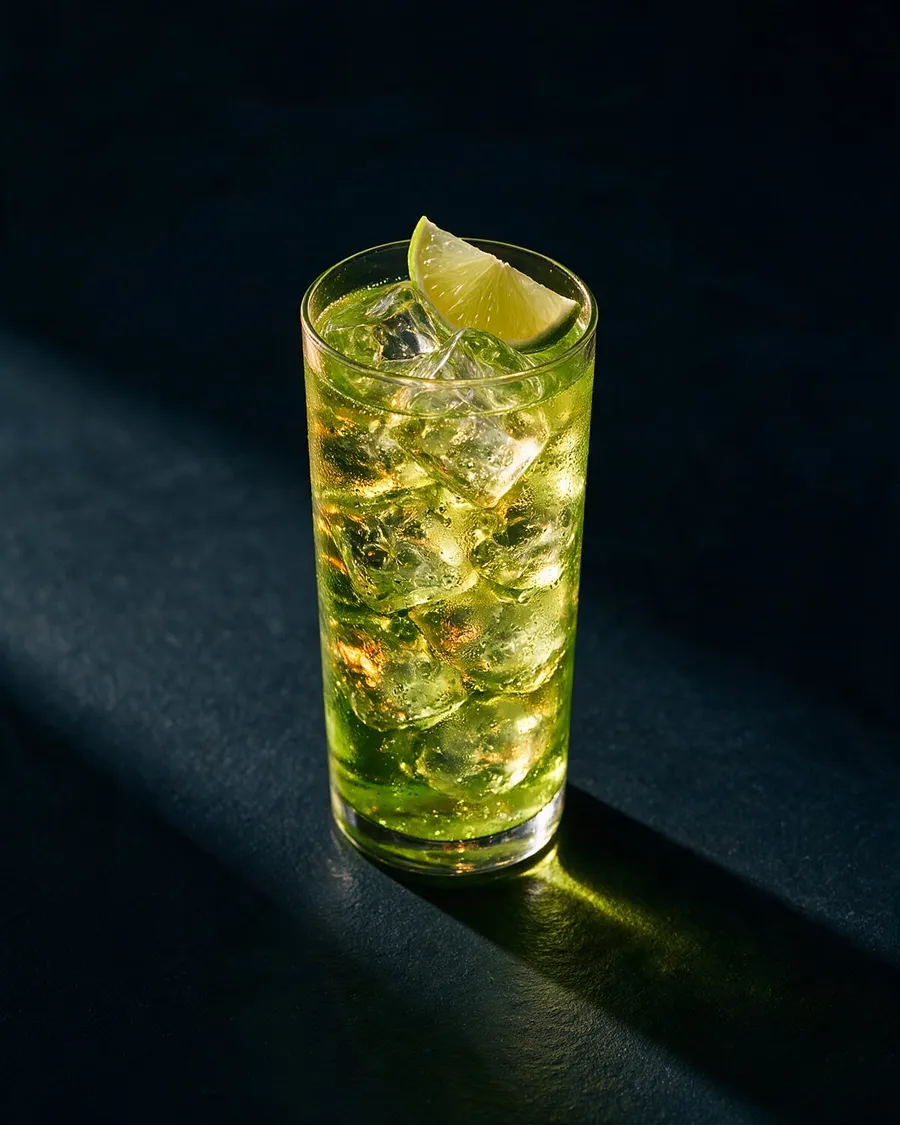 Ljusgrön Piggelin i highballglas med is, bubblor och en limeklyfta