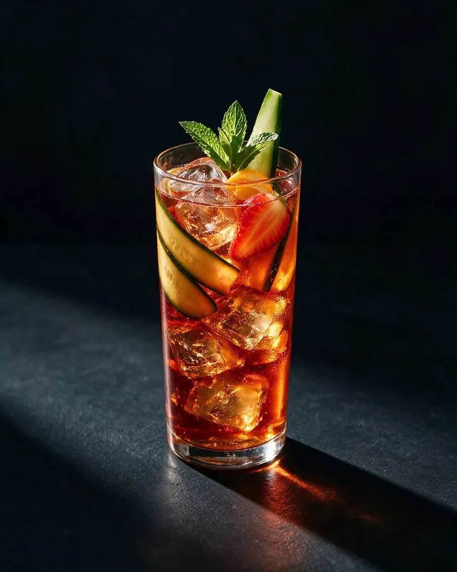 Rödbrun Pimm's Cup i highballglas fylld med is, gurka, jordgubbar, citron och mynta