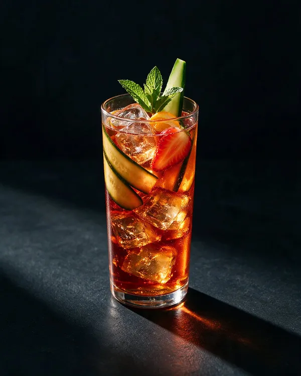 Rödbrun Pimm's Cup i highballglas fylld med is, gurka, jordgubbar, citron och mynta
