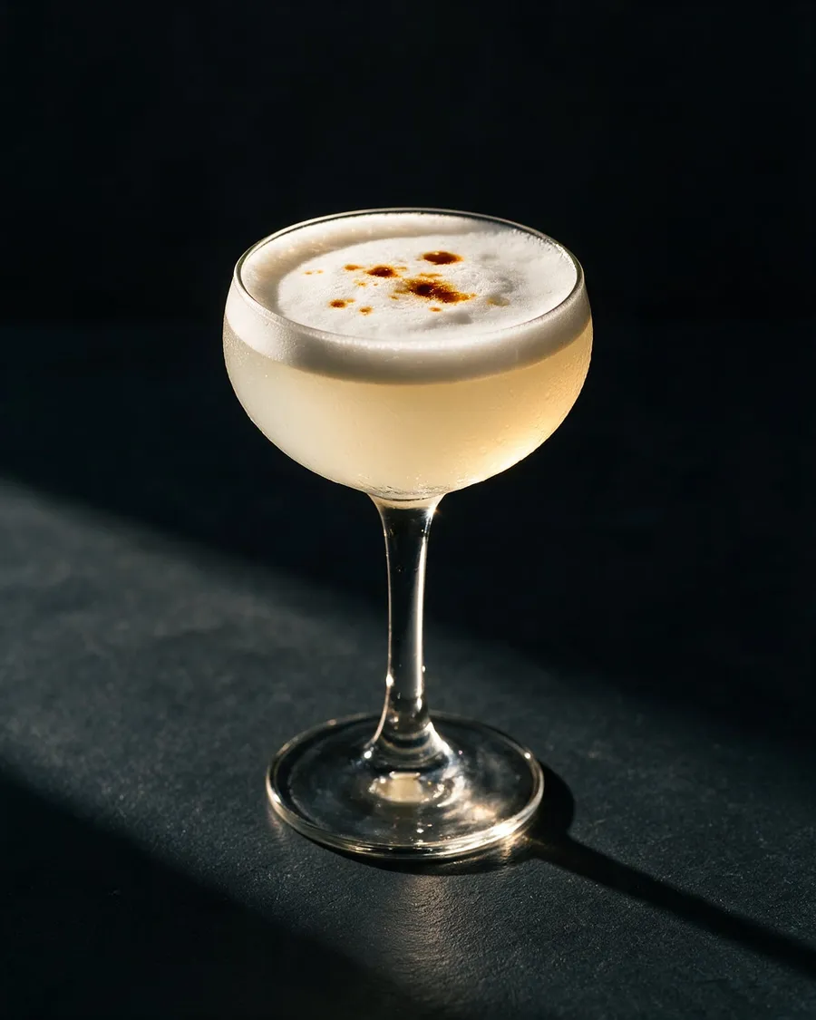 Blekgul Pisco Sour i coupeglas med tjockt vitt skum och tre droppar Angostura
