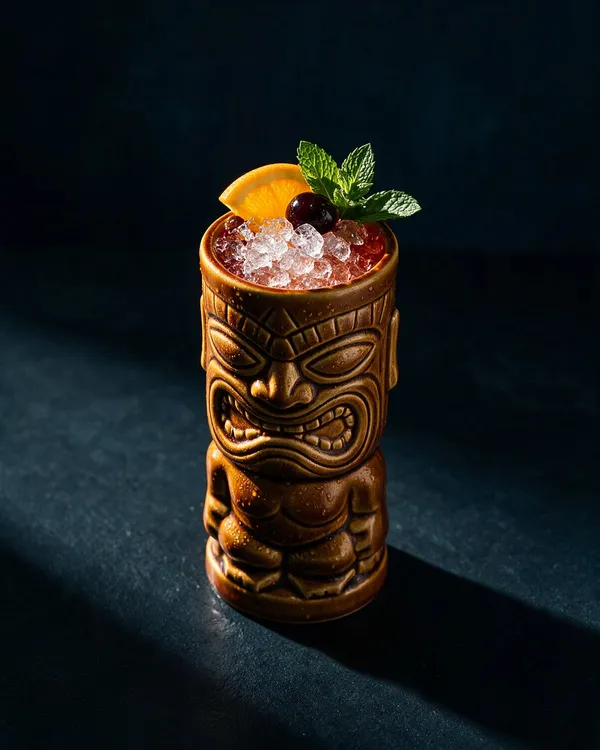 Mörk Planter’s Punch i tikimugg med krossad is, apelsinskiva, cocktailbär och myntakvist