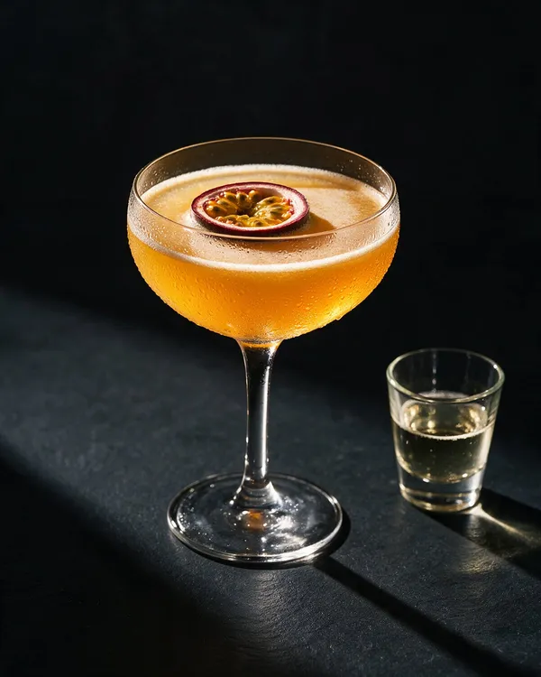 Pornstar Martini i coupeglas med halv passionsfrukt och ett shotglas prosecco
