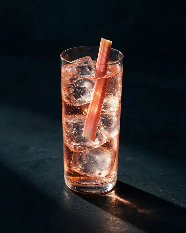 Ljusrosa Rabarber Gin och Tonic i highballglas med is och en tunn rabarberstjälk