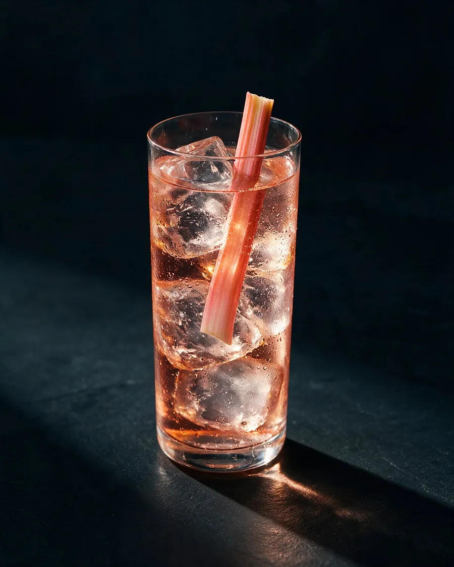 Ljusrosa Rabarber Gin och Tonic i highballglas med is och en tunn rabarberstjälk