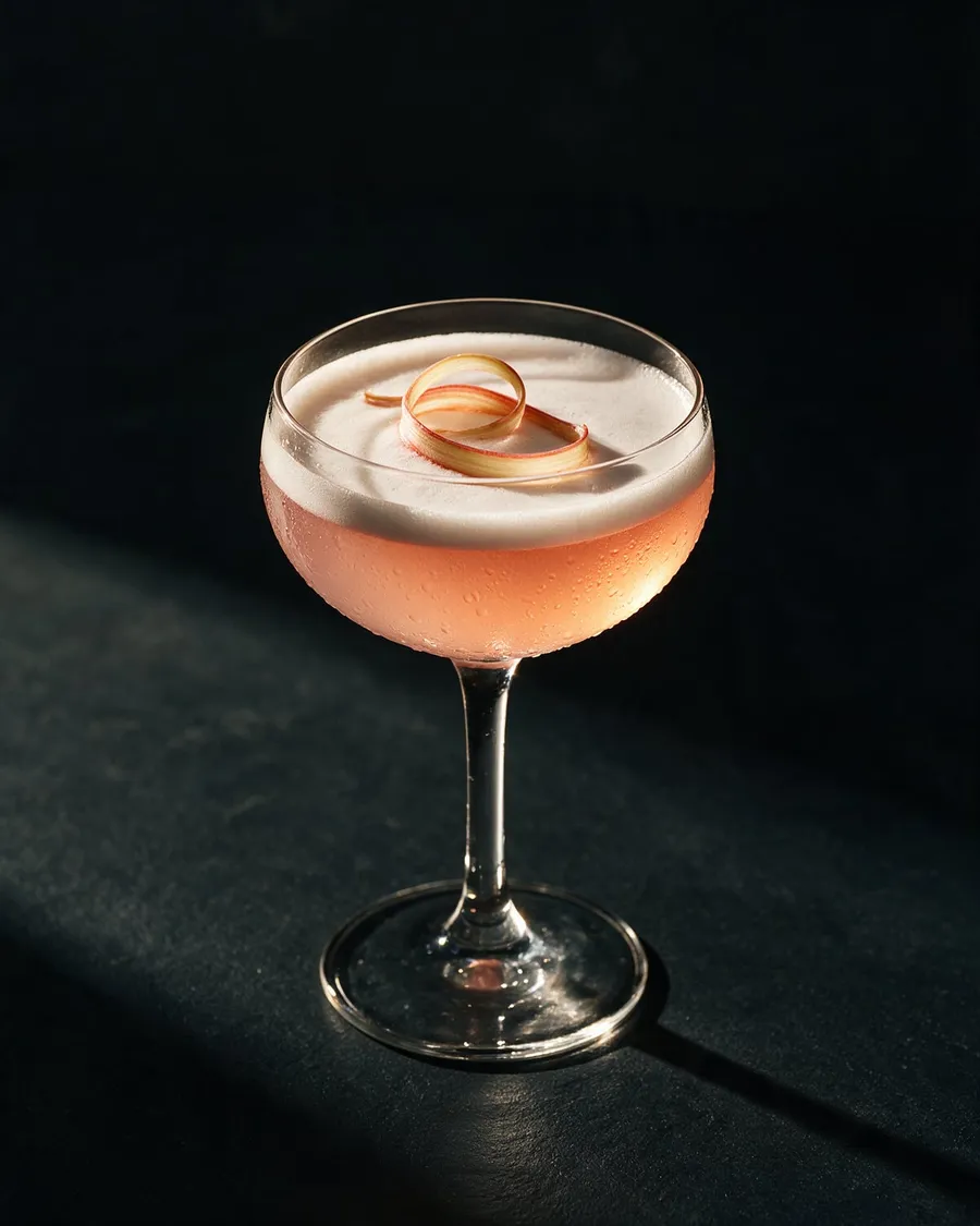 Rosa Rabarber Sour i coupeglas med vitt skum och en tunn rabarberremsa