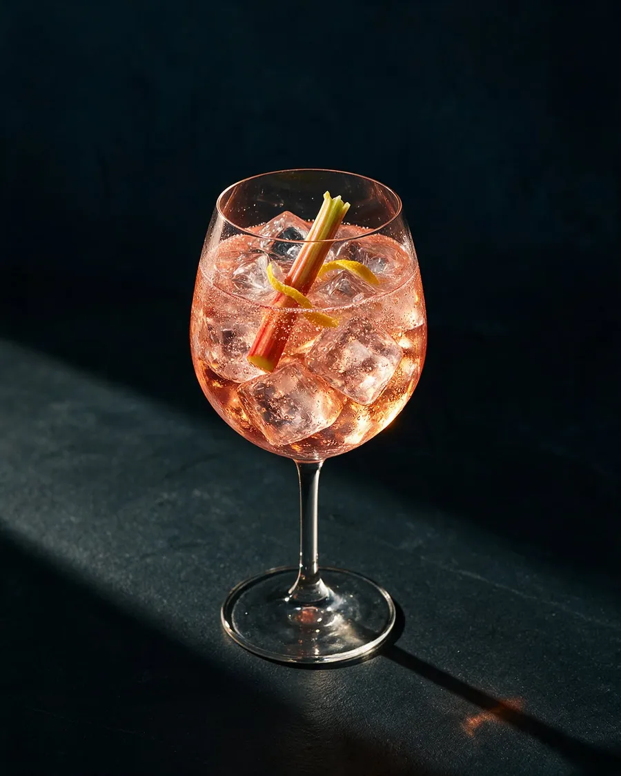 Ljusrosa Rabarber Spritz i vinglas med is, bubblor och en tunn rabarberstjälk