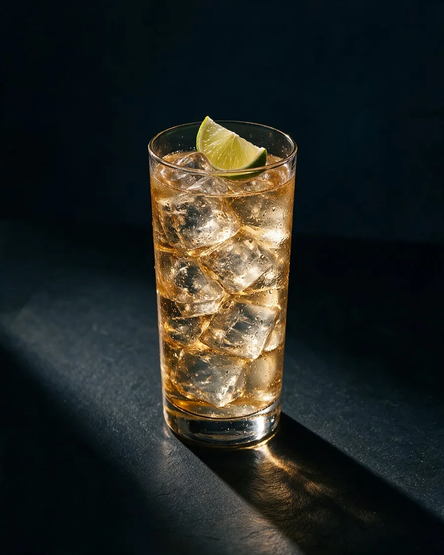 Klar Ranch Water i highballglas med is, bubblor och en limeklyfta