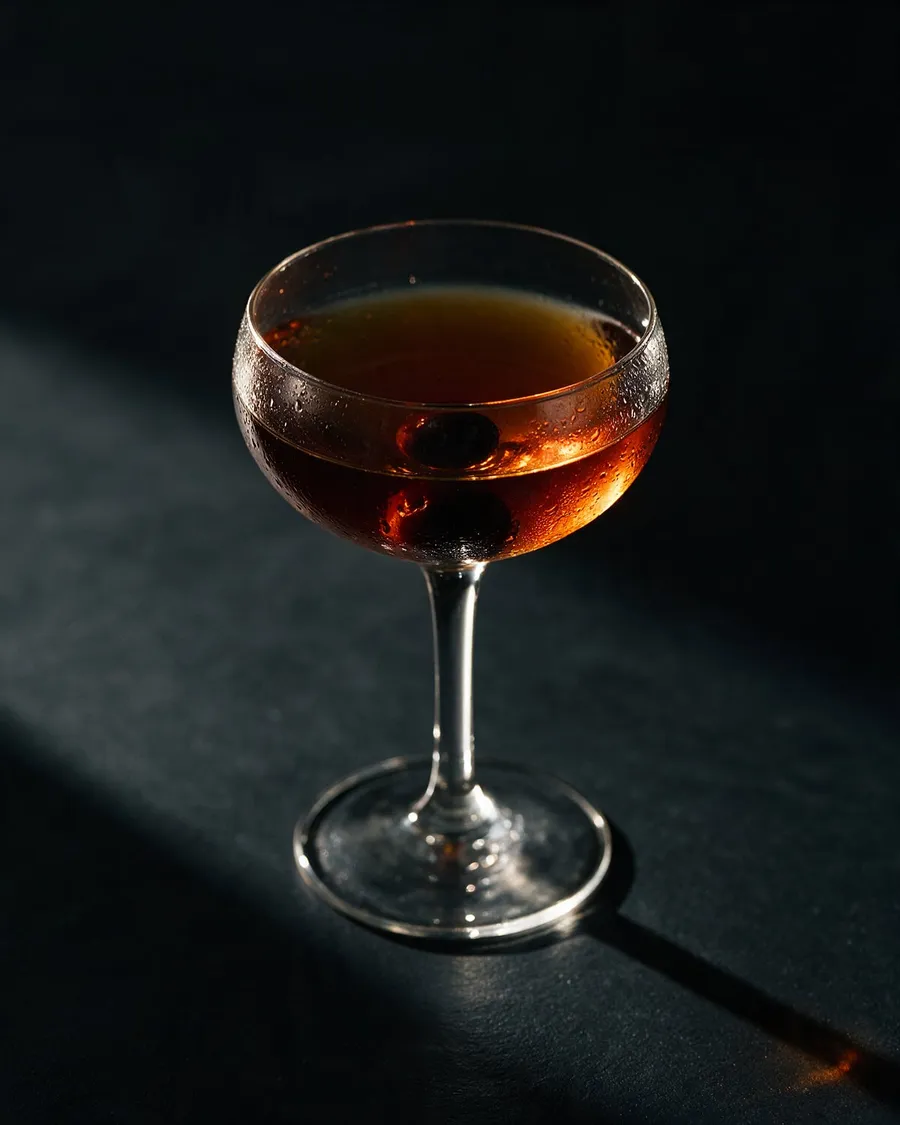 Bärnstensfärgad Rob Roy i kyld coupe med ett rött cocktailbär