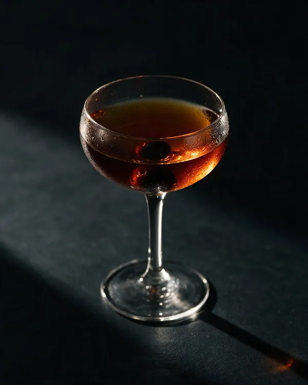 Bärnstensfärgad Rob Roy i kyld coupe med ett rött cocktailbär