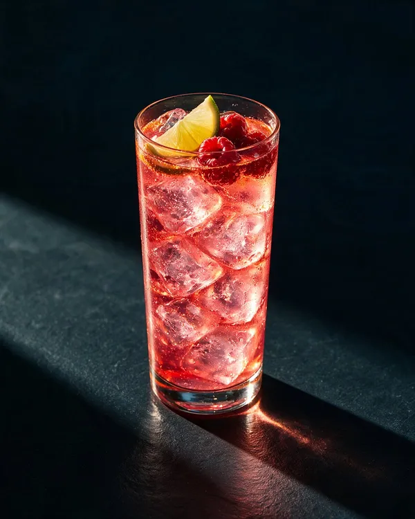 Knallrosa Rosa Pantern i highballglas med is, limeklyfta och hallon