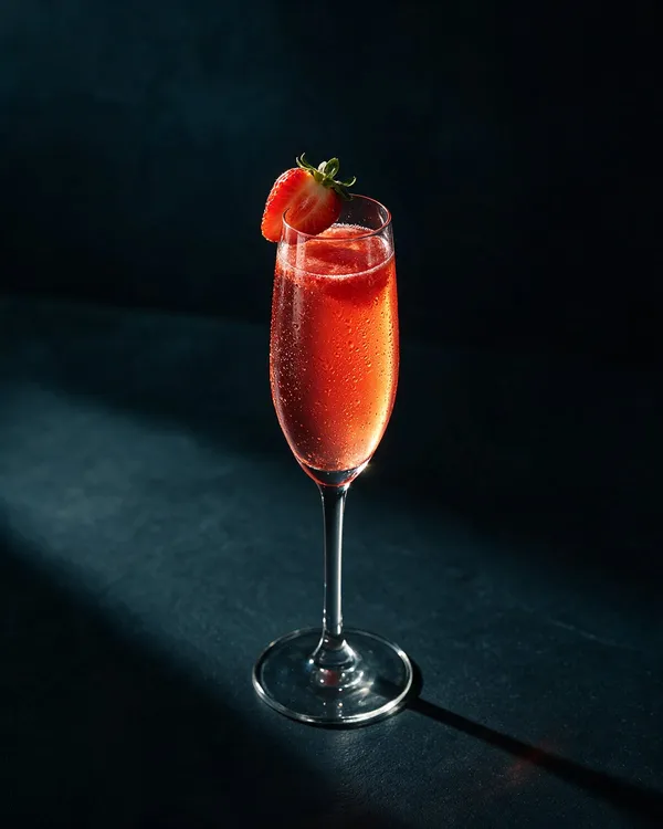 Rosa Rossini i flöjtglas med bubblor och en halv jordgubbe på kanten
