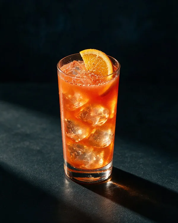 Stor glaskanna med orangeröd Rum Punch, is och apelsinskivor bredvid fyllda highballglas