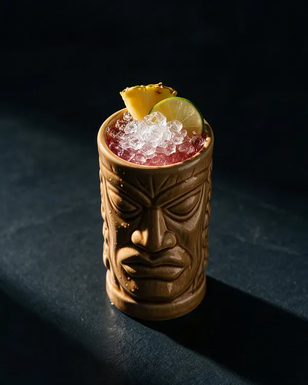 Mörkröd Rum Runner i tikimugg med krossad is, ananasbit och limeskiva