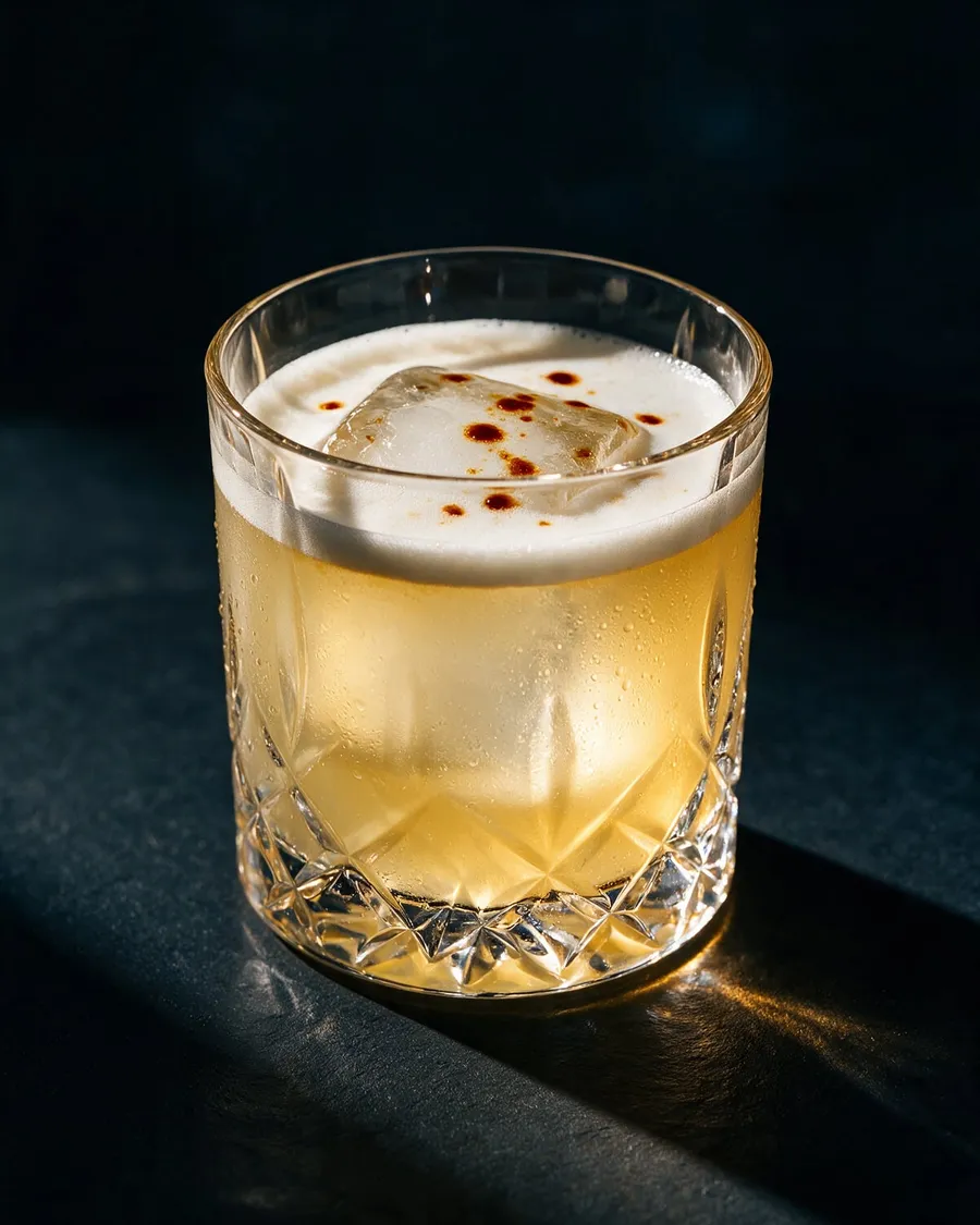 Gyllene Rum Sour i rocksglas med vitt skum och mönster av bitter på toppen