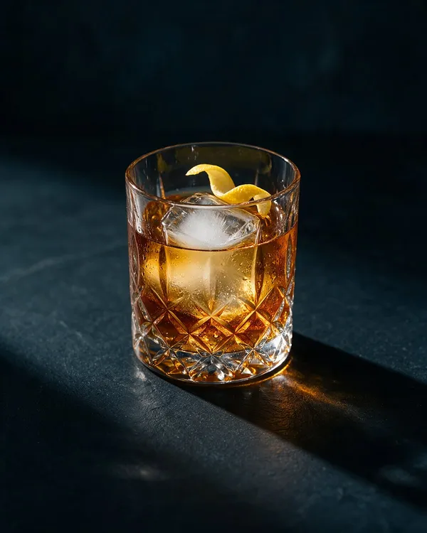 Gyllene Rusty Nail i rocksglas med stor isbit och citronzest