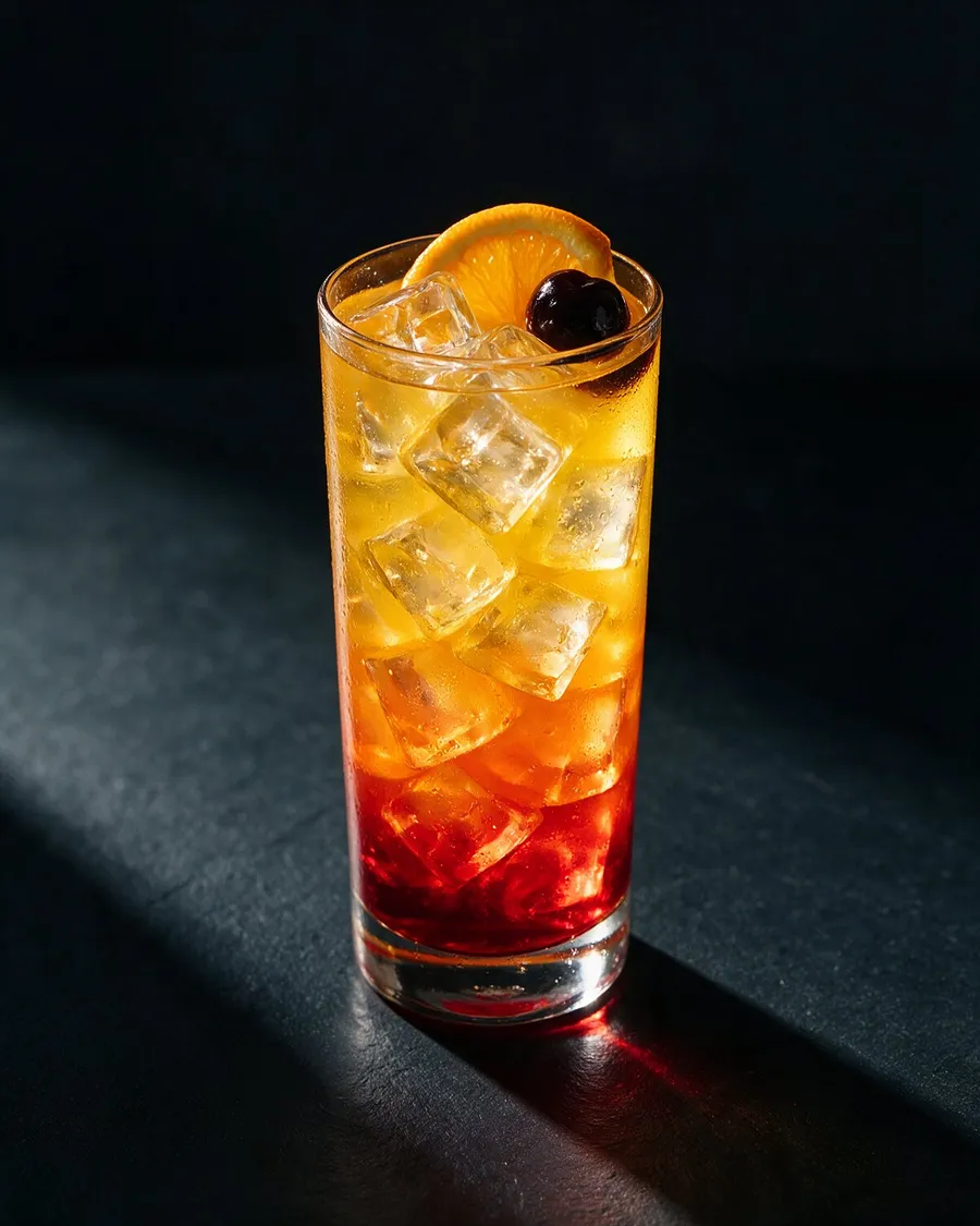 Orange San Francisco i highballglas med röd grenadine i botten, apelsinskiva och cocktailbär