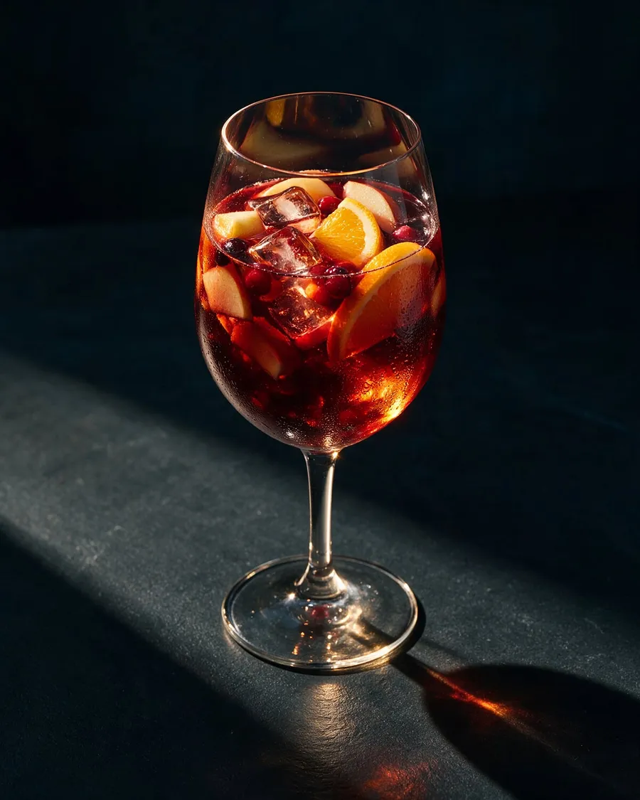 Stor glaskanna med röd sangria, is och skivor av apelsin, citron och äpple