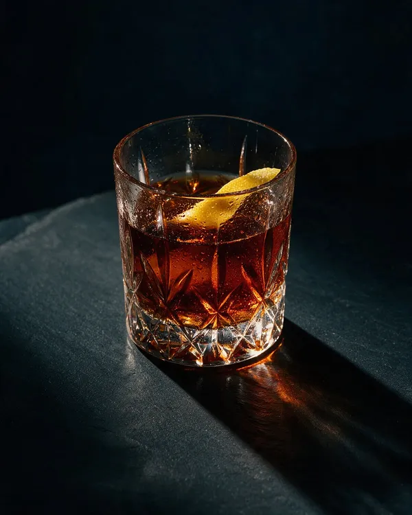 Mörk Sazerac utan is i ett lågt rocksglas med ett citronskal på kanten