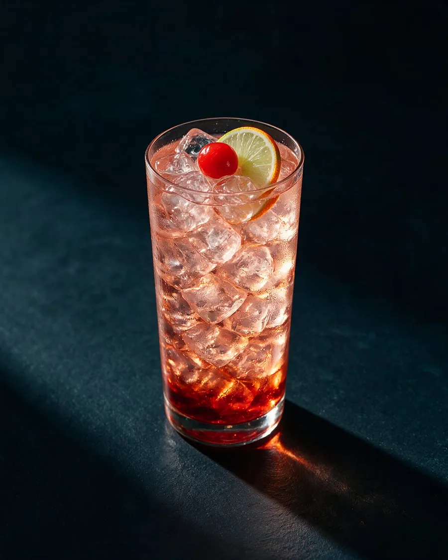 Rosaröd Shirley Temple i highballglas med is, körsbär och limeskiva