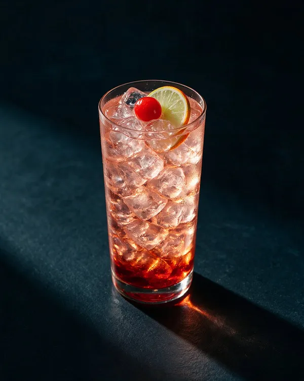Rosaröd Shirley Temple i highballglas med is, körsbär och limeskiva