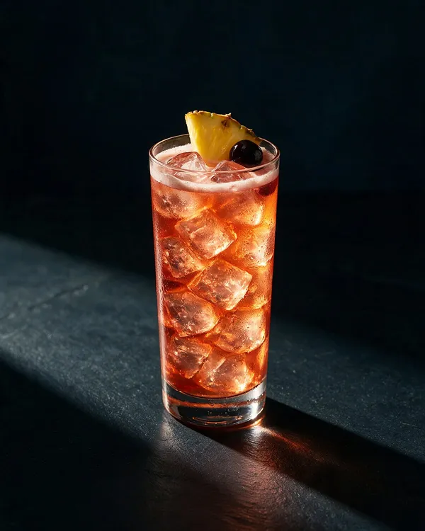 Rosaröd Singapore Sling i högt glas med is, ananasbit och cocktailbär